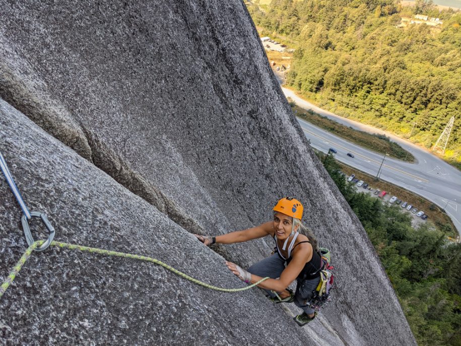 Mina Kavia climbing the bluffs in Squamish, BC